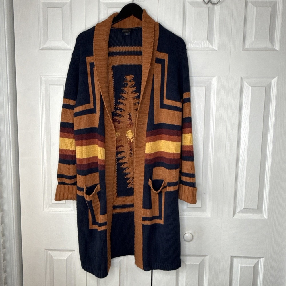Pendleton Harding Cardigan Sweater L Womens Navy Open Cotton Wool Southwestern